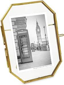 Isaac Jacobs 3.5x5 Vintage Style Octagon Brass & Glass, Metal Floating Picture Frame with Locket ... | Amazon (US)