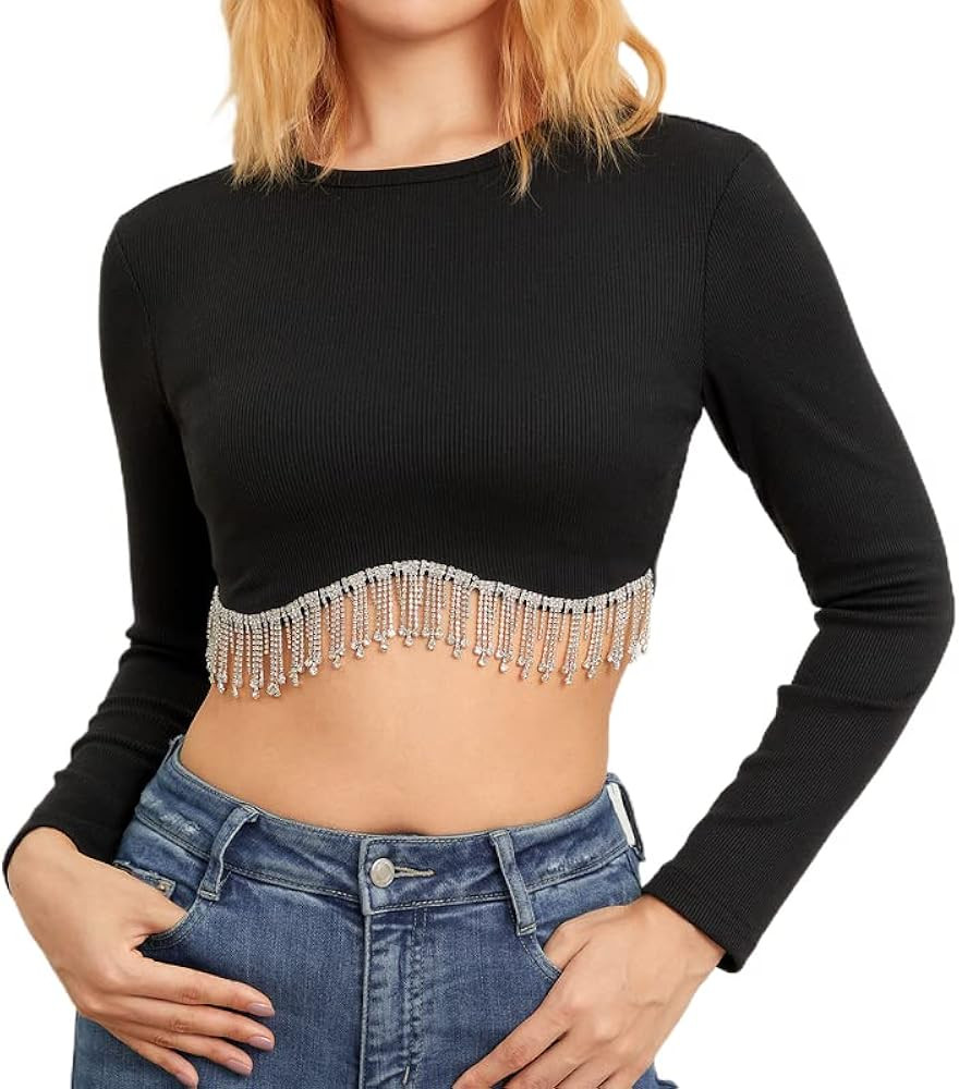 Sastianaen Women Rhinestone Trim Sleeveless Cropped Top Sleeveless Crew Neck Crop Tank Top Y2k Ri... | Amazon (US)