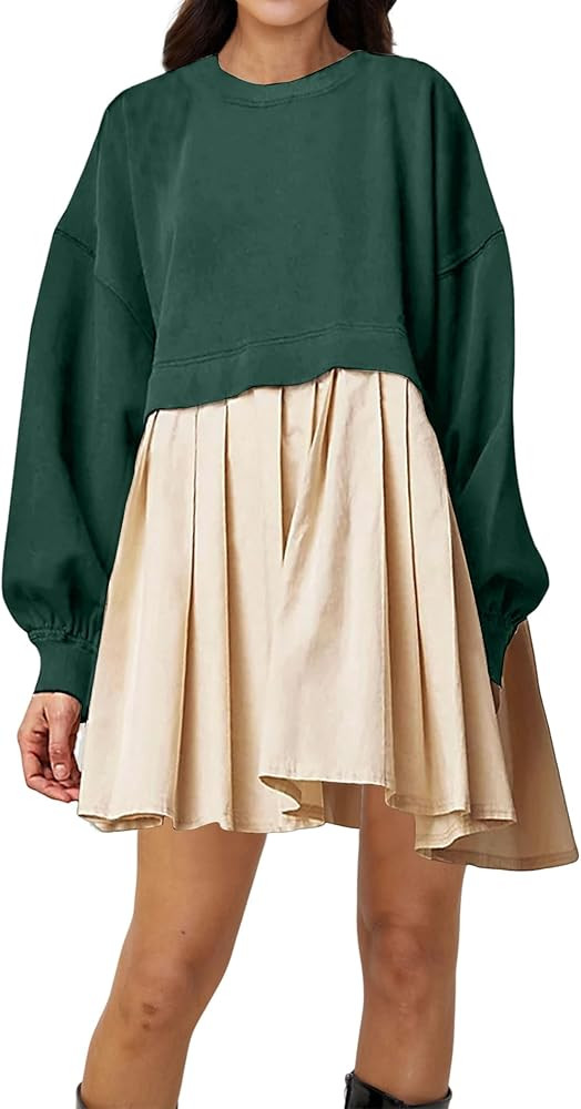 MISSACTIVER Women Oversized Sweatshirt Dress Patchwork Crewneck Long Sleeve Pullover Tops Flowy Plea | Amazon (US)