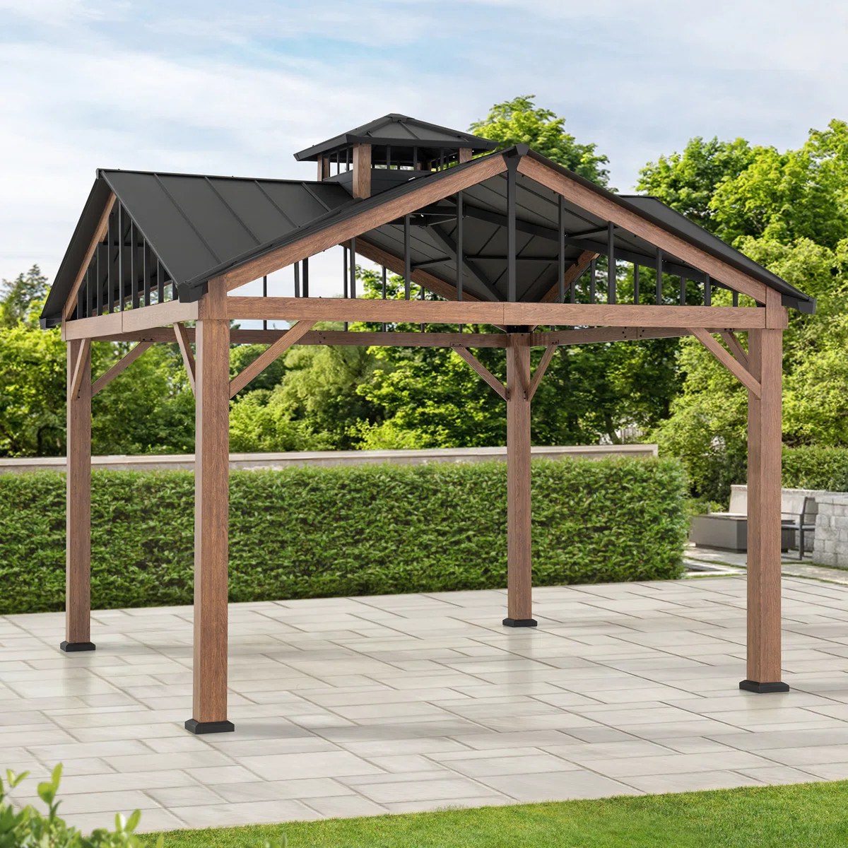 SUNJOY Roanforth 12 x 12 ft. Hardtop Gazebo 2-Tier Wooden Cedar Frame Outdoor Gazebo With Ceiling... | Wayfair North America