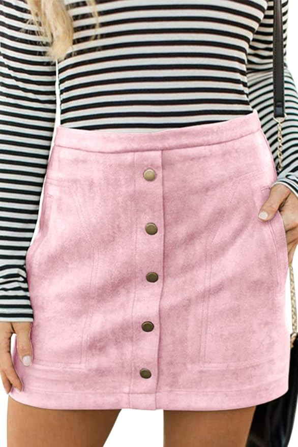 Meyeeka Women's Button Front Faux Suede High Waist A-line Mini Skirt with Pocket | Amazon (US)