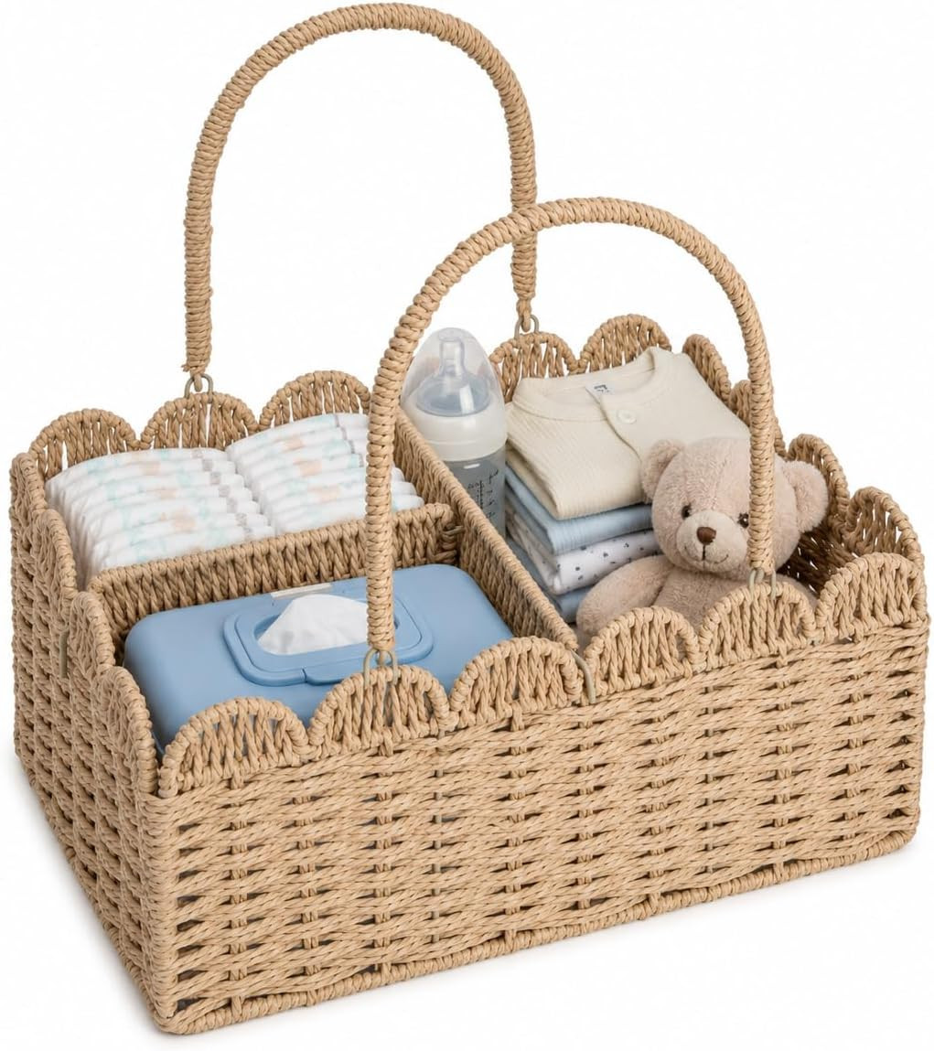 Large Wicker Diaper Caddy Organizer, Scalloped Nursery Basket for Changing Table, Woven Rope Baby Holder with Removable Divider, Portable Organizer for Diapers Wipes Clothes Toys & Essentials (Khaki) | Amazon (US)