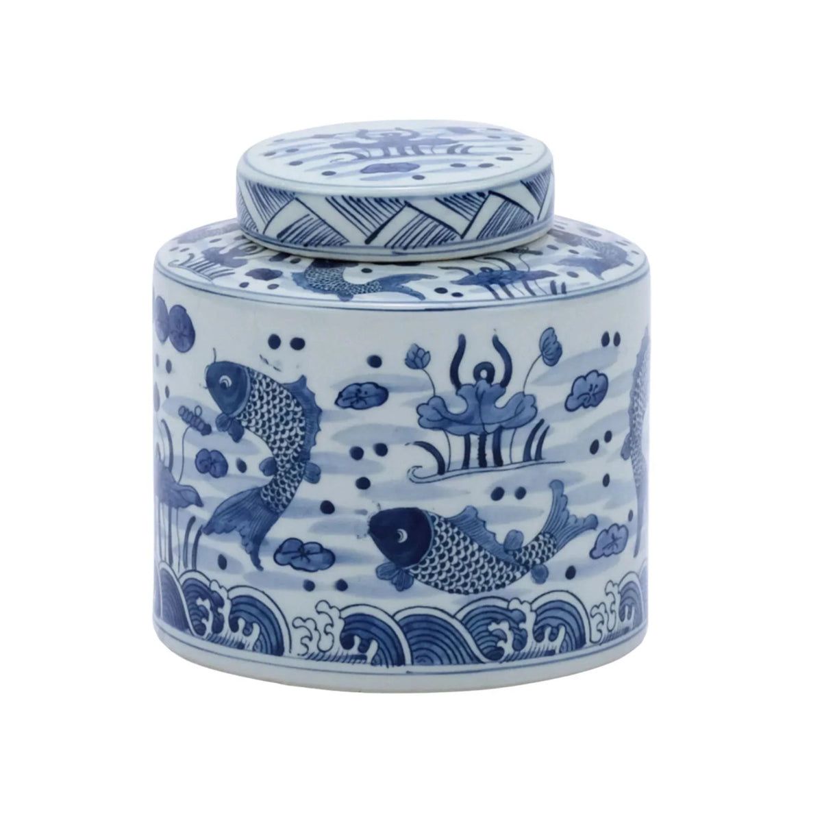 Blue and White Porcelain Fish Cylinder Tea Jar | The Well Appointed House, LLC