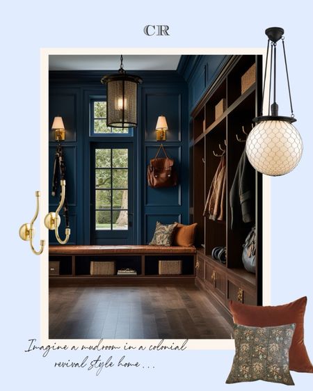 Mudroom with rich blue paneling and brass accents. The pendant light and plush patterned pillows add a cozy yet chic touch. #ChicMudroom #PatternedPillows #StatementLighting

#LTKhome