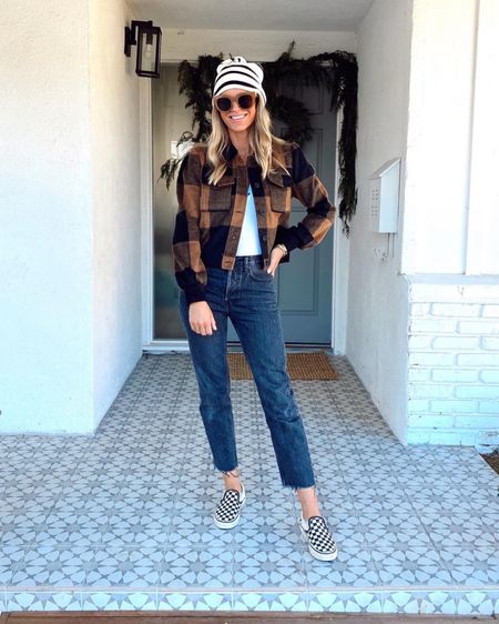 Plaid cropped jacket with black denim. Cute casual thanksgiving outfit idea  

#LTKstyletip #LTKHoliday #LTKSeasonal