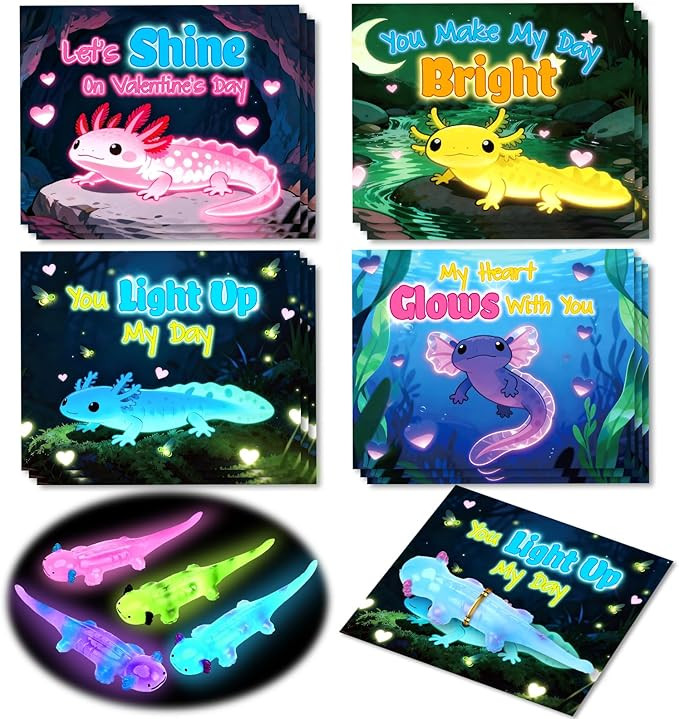 SpringFlower 24 Pack Valentines Day Cards with Glow In The Dark Axolotl Toys, Ideal Valentines Da... | Amazon (US)