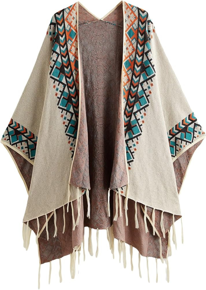 Verdusa Women's Fringe Open Front Poncho Cape Cardigan Wrap Shawl | Amazon (US)