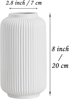 8 Inch Tall Glossy White Ceramic Ribbed Vase for Flowers and Pampas Grass, Simple Modern Decorati... | Amazon (US)