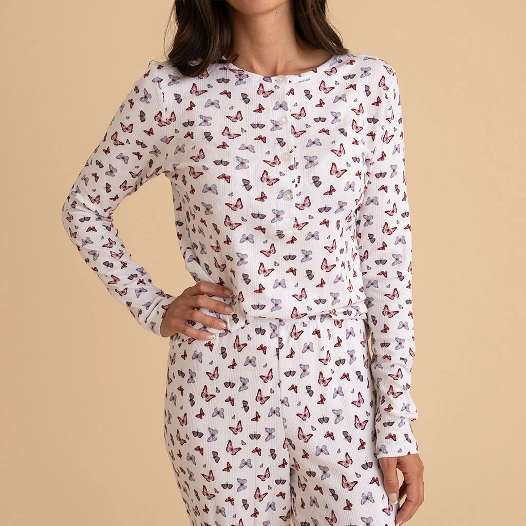 Butterfly White Long Sleeve Joan Women's Pointelle Henley Top | Posh Peanut\u00ae | Posh Peanut