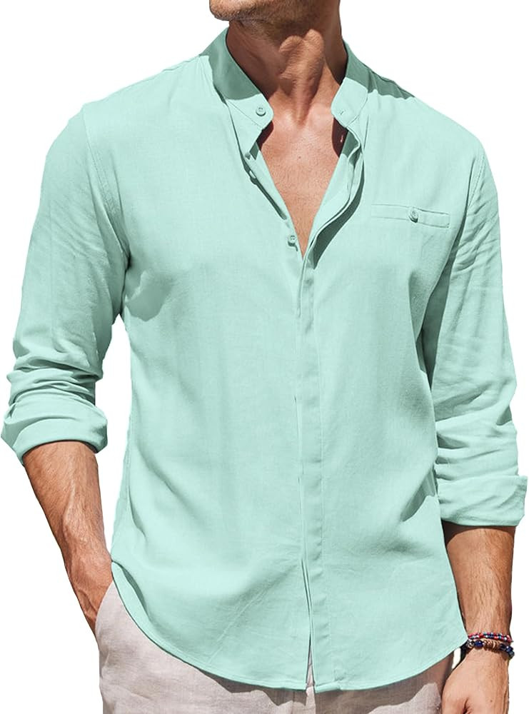 COOFANDY Men's Linen Button Down Shirt Long Sleeve Casual Button Up Beach Summer Shirts Banded Co... | Amazon (US)