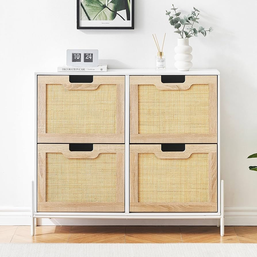 IDEALHOUSE Natural Rattan 4 Flip Door Shoe Cabinet Organizer Freestanding, Modern Shoe Rack Stora... | Amazon (US)