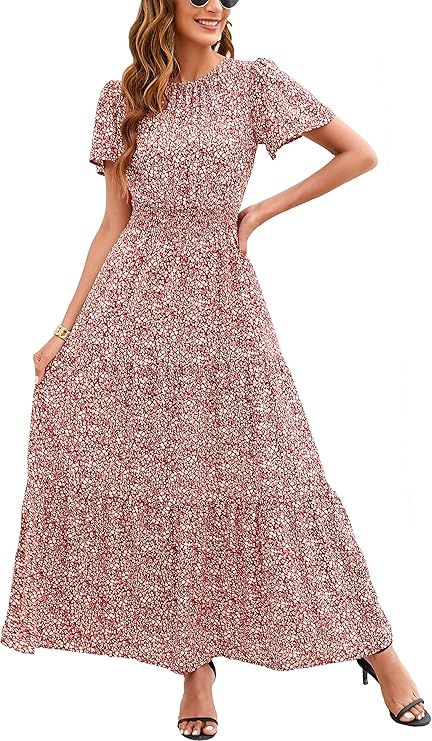 Hount Women's Dress 2023 Summer Casual Floral Print Smocked High Waist Maxi Dress Boho Beach Flow... | Amazon (US)