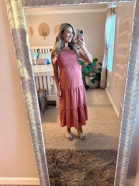 Super cute tiered smock top maxi dress from Amazon only $26 🤍 Comes in 4 spring colors. It’s not maternity but works with my 31 week bump 🫶🏻 Wearing a small 

#LTKtravel #LTKFind #LTKbump