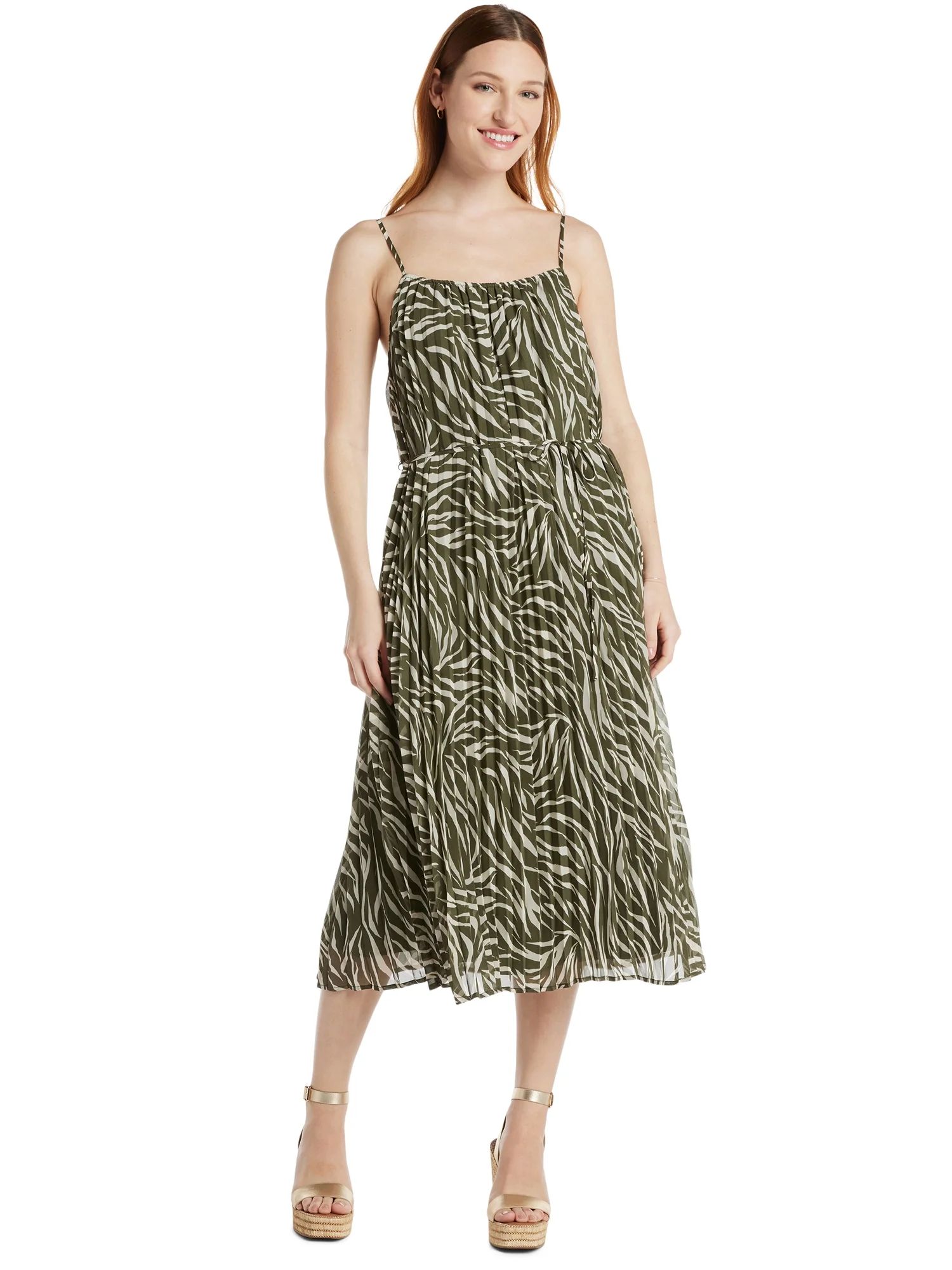 Time and Tru Women's Sleeveless Pleated Dress with Tie Waist, Sizes XS-XXXL | Walmart (US)