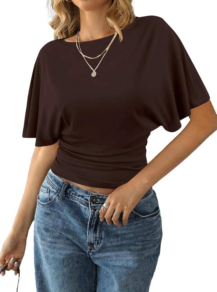 Remidoo Women's Cinched Waisted Tops Batwing Short Sleeve Tee Ruched T Shirt | Amazon (US)