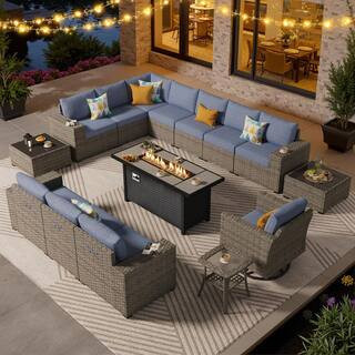 Solara 15 Pieces Wicker Outdoor Patio Fire Pit Conversation Sectional Sofa Set and with Denim Blue Cushions | The Home Depot