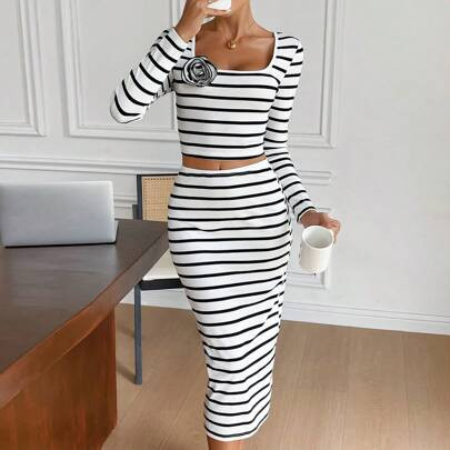 2pcs Women's Striped Print Square Neck Long Sleeve Top And Skirt Set | SHEIN