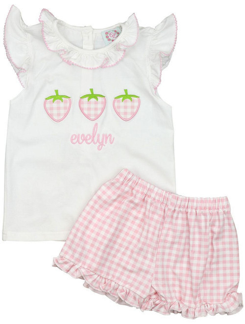 Pink Check Knit Applique Strawberry Short Set | Cecil and Lou