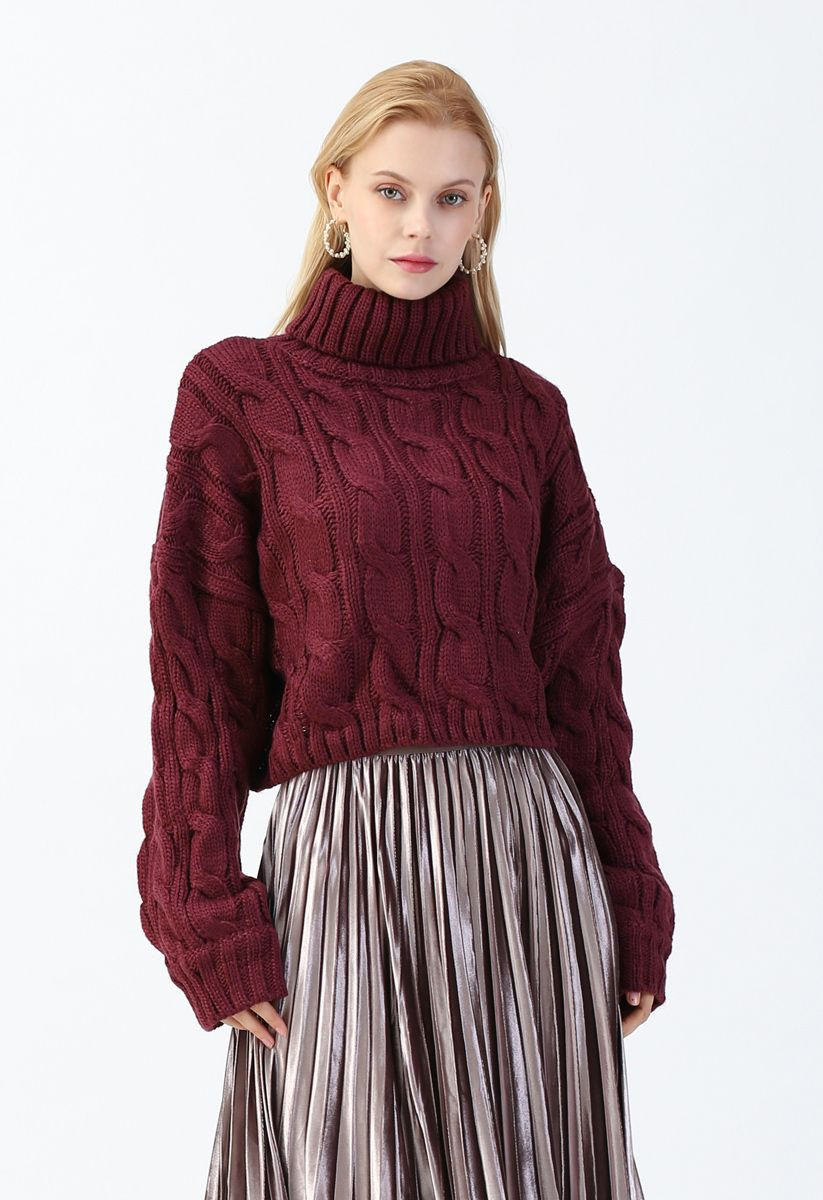 Turtleneck Braid Knit Crop Sweater in Berry | Chicwish