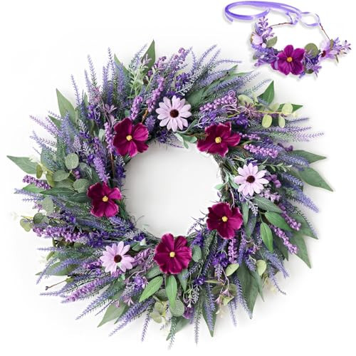 26" Lavender Wreaths Front Door Artificial Seasonal Wreath - Purple Spring Summer Artificial Wild Flower Greenery Leaves with A Headband & DIY Decor for All Seasons, Farmhouse, Home Decor (Purple) | Amazon (US)