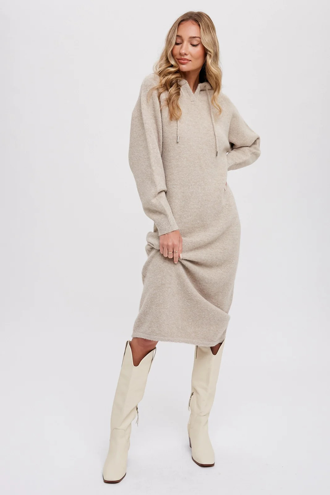 Beige Hooded Sweater Midi Dress | PinkBlush Maternity
