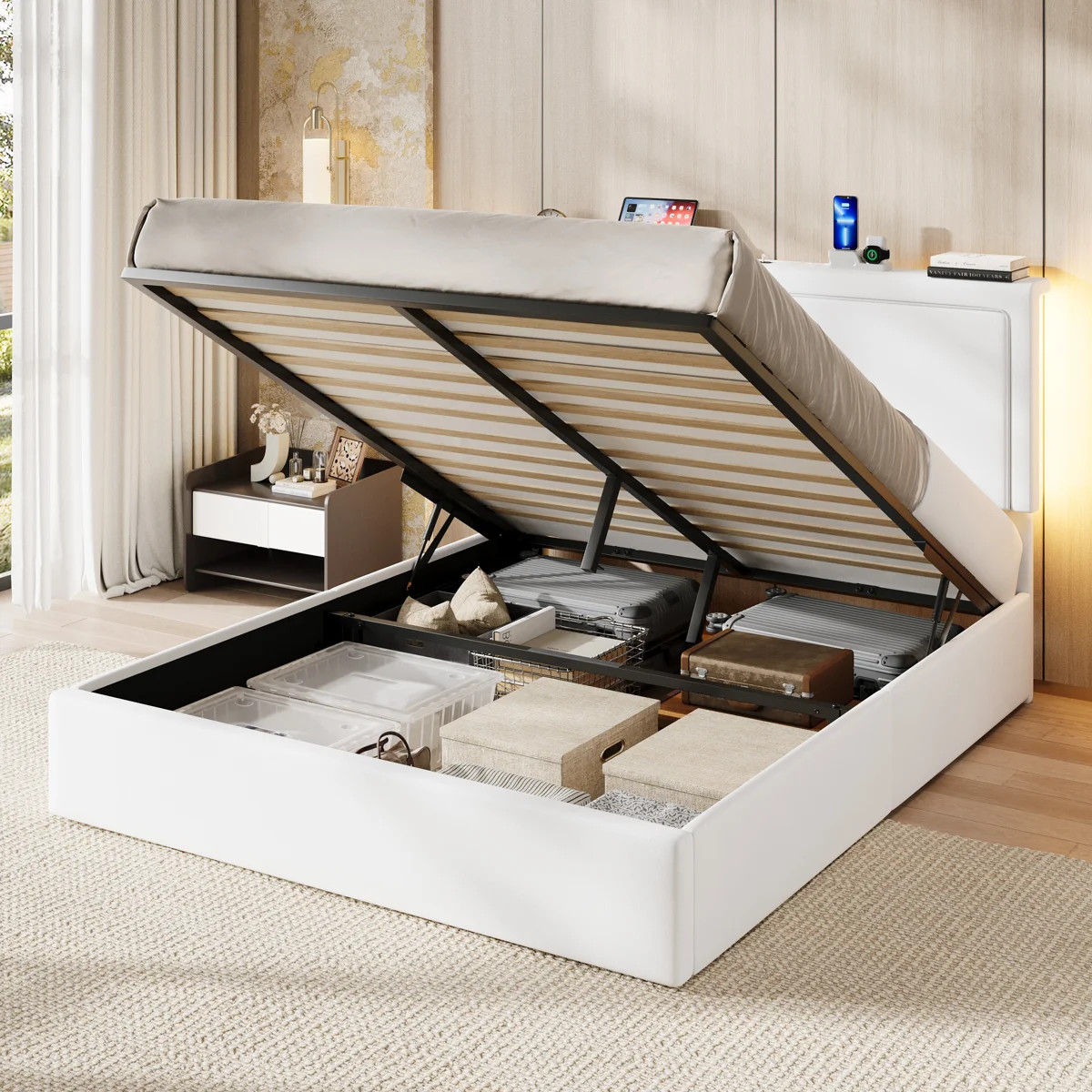 Modern Velvet Upholstered Platform Bed With LED Headboard, Built-In Charging Station, And Lift Un... | Wayfair North America