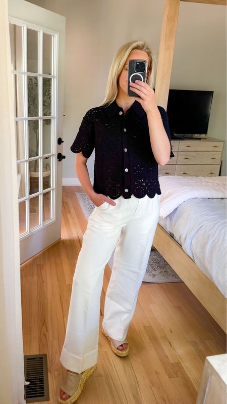 Love this abercrombie black lace top eyelet top workwear office outfit abercrombie and fitch button up top crochet top white pants white trousers wide leg pants cream pantss

#LTKFindsUnder50 #LTKWorkwear #LTKFindsUnder100