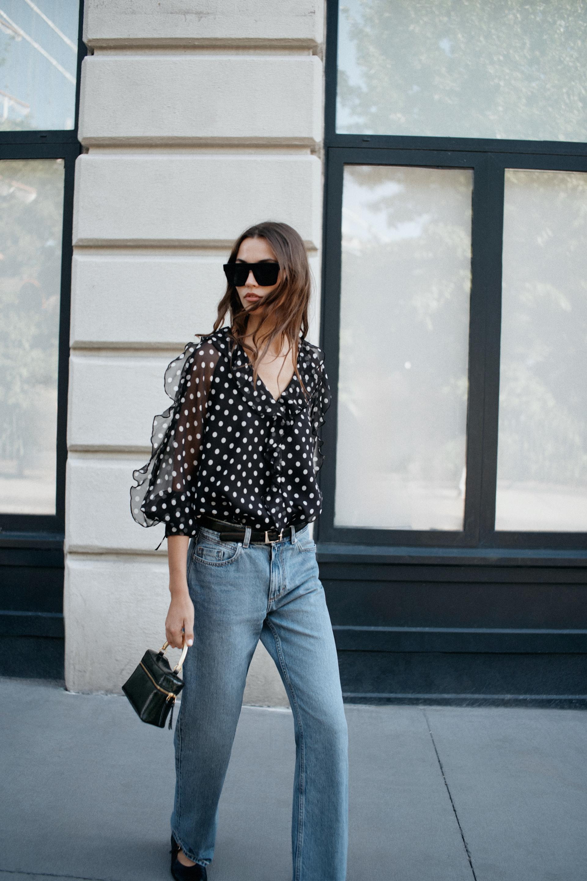Zara - Polka Dot Ruffle Blouse - Black / Ecru - S - Woman | Zara US