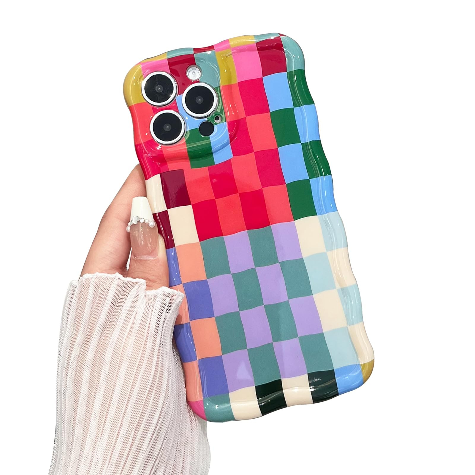 Compatible with iPhone 13 Pro Max Case, Cute Wave Curly Colorful Checkerboard Plaid Phone Case fo... | Amazon (US)