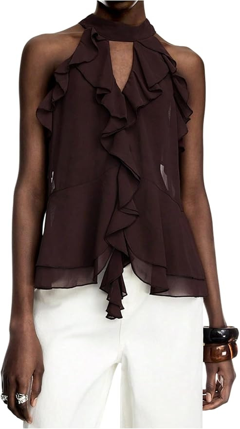 GORGLITTER Women's Ruffle Going Out Tops Y2k Halter Flowy Concert Outfits | Summer Brown Chiffon ... | Amazon (US)