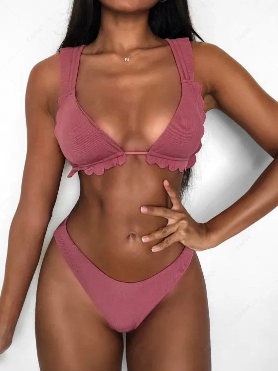 ZAFUL Ribbed Scalloped High Cut Frilled Bikini Swimsuit   GREENISH BLUE LIGHT SKY BLUE PALE VIOLE... | ZAFUL (Global)