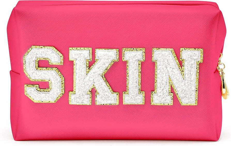 Y1tvei Preppy Patch SKIN White Letter Cosmetic Toiletry Bag PU Leather Portable Makeup Bag Daily ... | Amazon (US)
