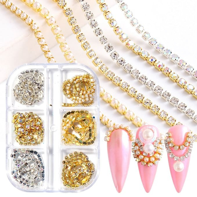 Nail Charms Jewelry for Acrylic Nails 6 Grids Pearl Claw Chain Nail Rhinestone 3D Metal Gold Silv... | Amazon (US)