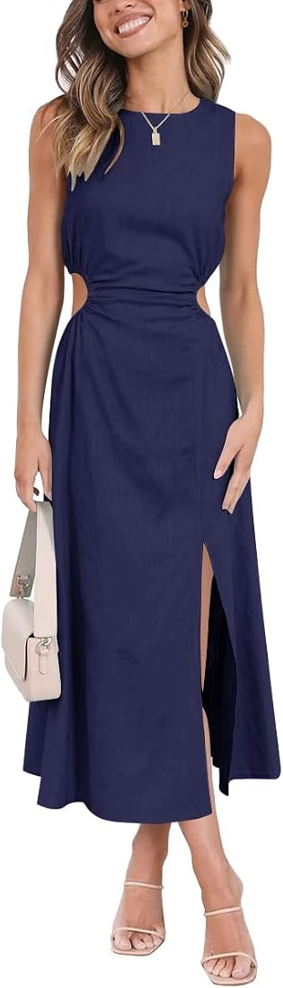 LILLUSORY Womens Cutout Split Linen Cotton Sleeveless Slit Maxi Dress | Amazon (US)