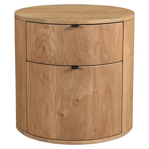 Sutton Rustic Lodge Brown Oak Wood 2 Drawer Round Nightstand | Kathy Kuo Home
