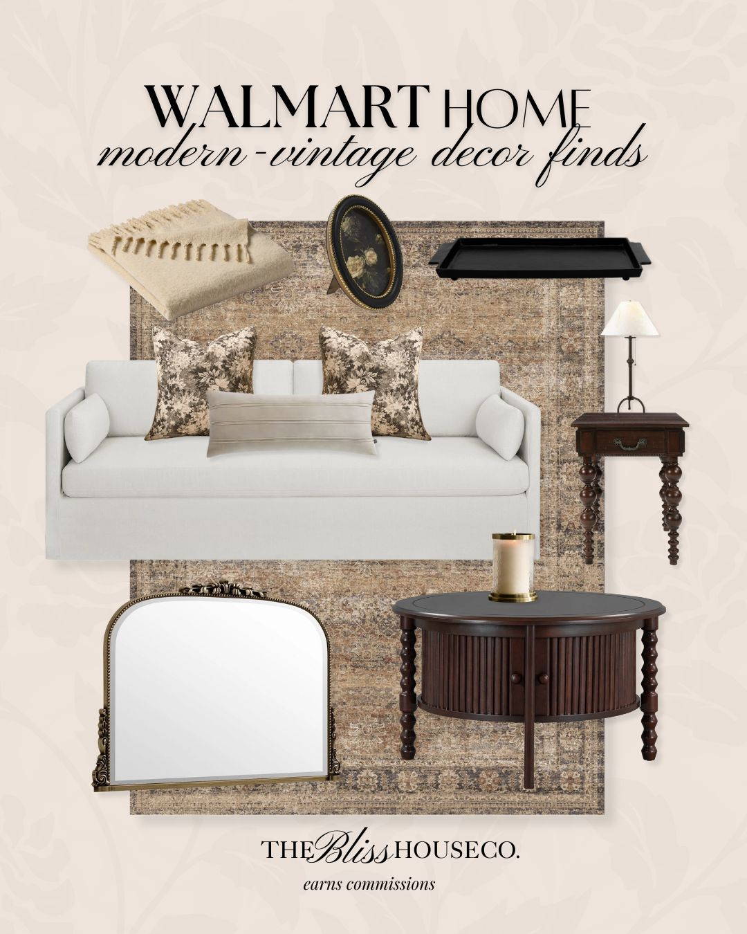 Vintage inspired decor finds from Walmart! Cozy blanket, living room, antique look frames, black tray, blanket, bronze mirror, decorative accents, spindle furniture, pattern are rug, affordable home decor.

Walmart home
 

 #LTKHome #LTKFindsUnder100