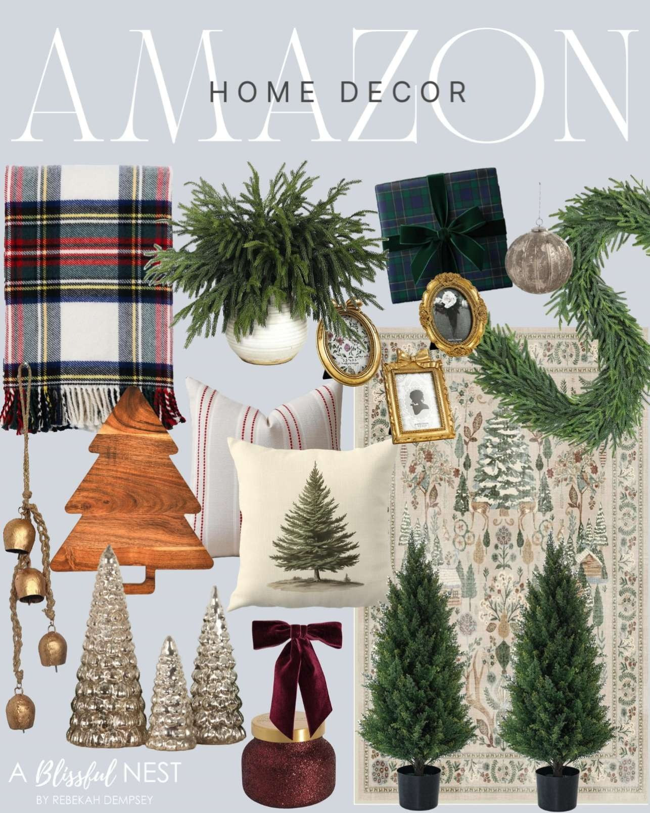 These Amazon Christmas pieces add the sweetest festive touch to any space. Tap to get them.
burgundy velvet ribbon, round flocked glass ornament, Norfolk Pine branches, tree shaped cutting board, pine garland, holiday decorative throw, tiny vintage picture frames, silver tree figurine, washable Christmas area rug, brass bell chime, holiday candle, vintage Christmas tree pillow, purple blue wrapping paper, Christmas pillow, artificial topiary trees 

 #LTKHoliday #LTKSeasonal #LTKHome