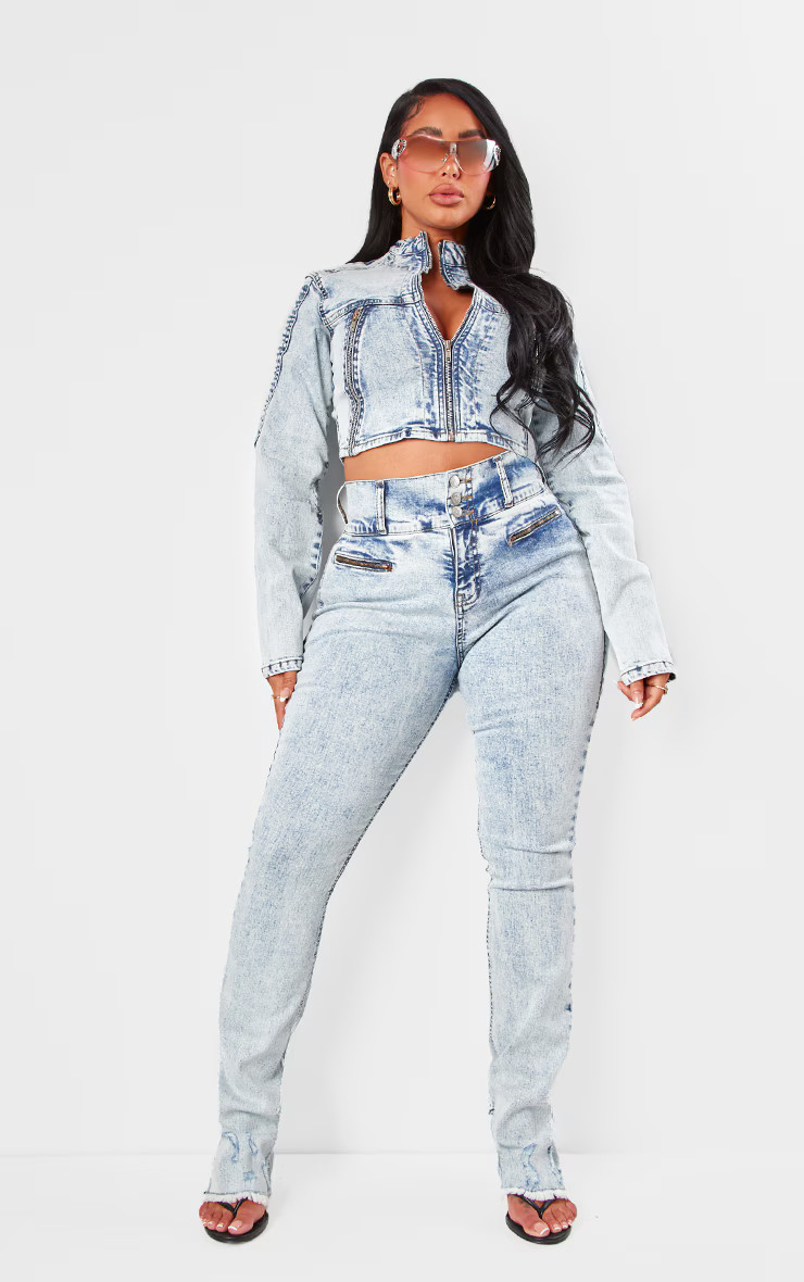 Shape Light Blue Denim High Waist Ripped Hem Jeans | PrettyLittleThing US