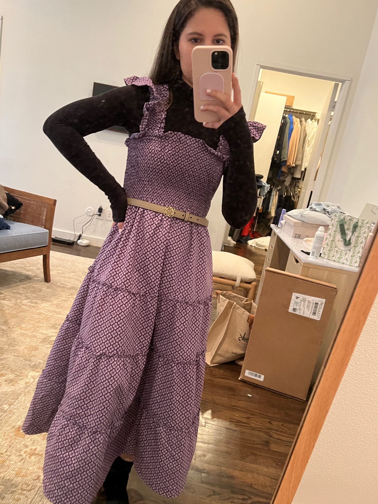 Nap dress, layered nap dress, long sleeve shirt under nap dress, Loewe belt, purple dress, sundress, hill house 

#LTKstyletip