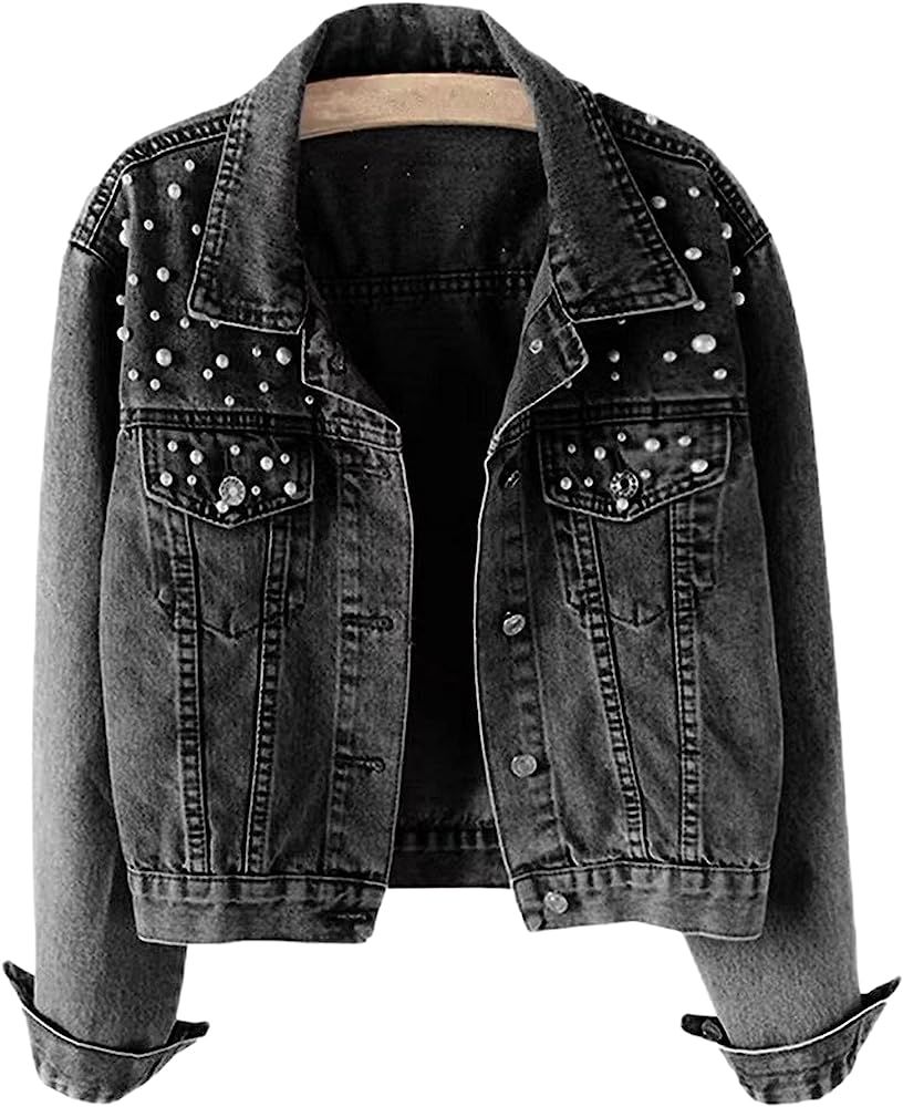 Ainangua Womens Casual Embroidered Pearls Beading Denim Jacket Loose Washed Jean Coat(Black,XS) a... | Amazon (US)