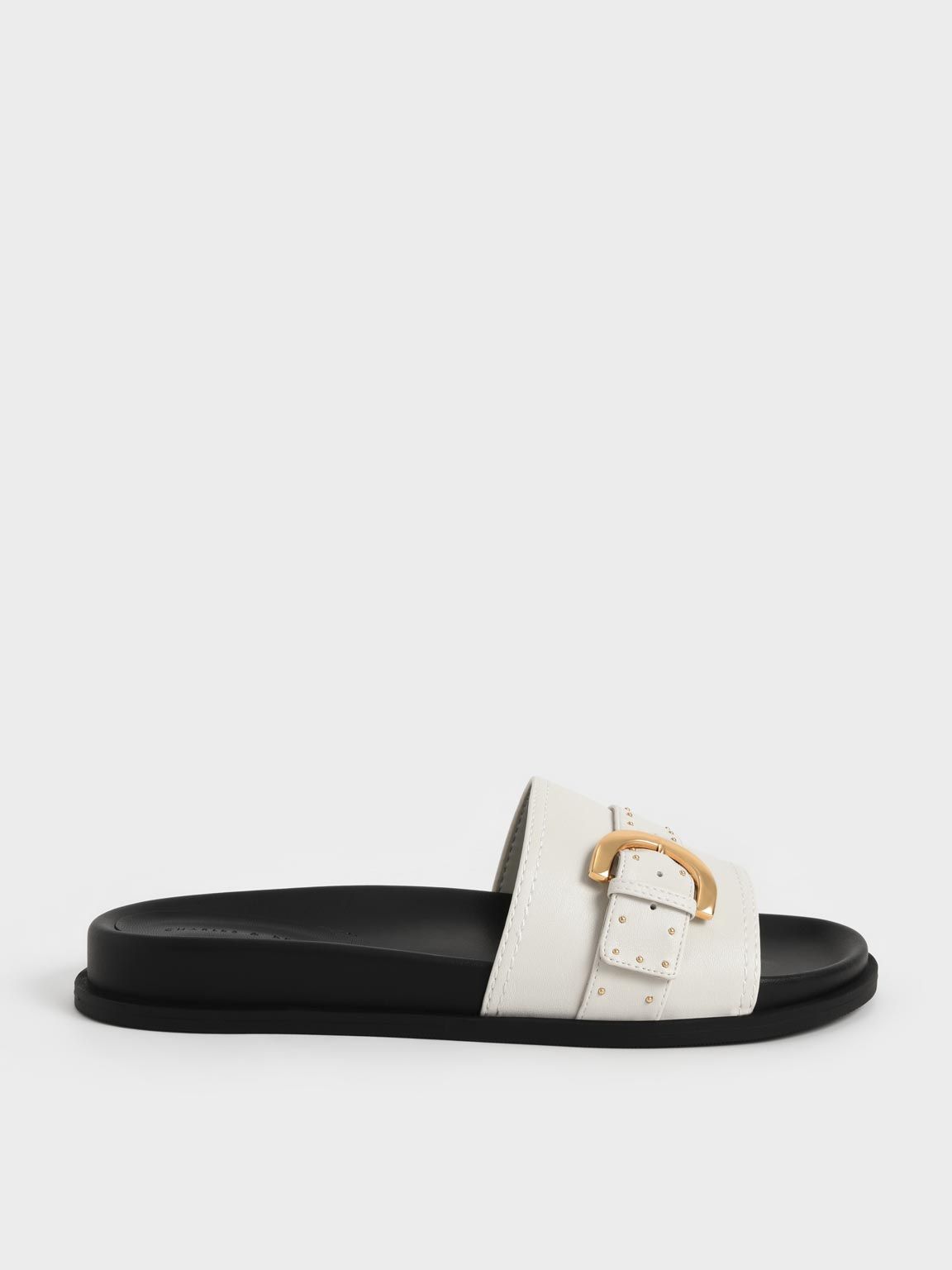 Chalk Studded Buckle Slide Sandals | CHARLES & KEITH | Charles & Keith US