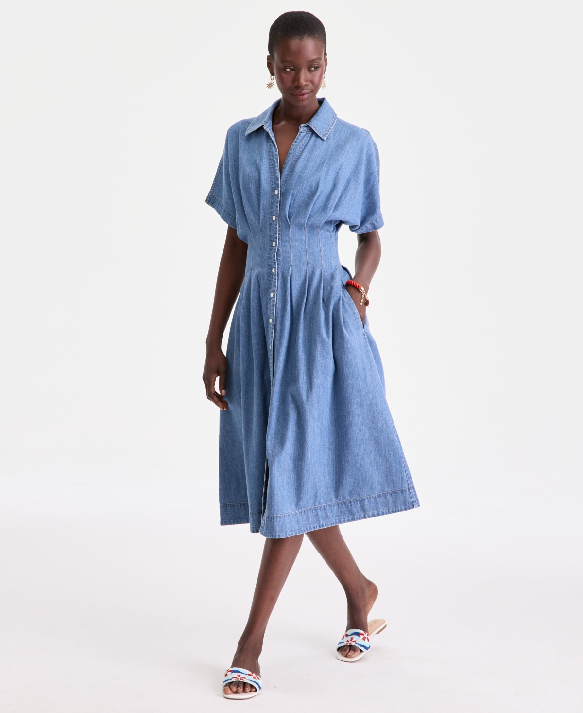 On 34th Women's Cotton Denim Pleated Shirtdress, Macy's Exclusive - Comet Wash | Macy's