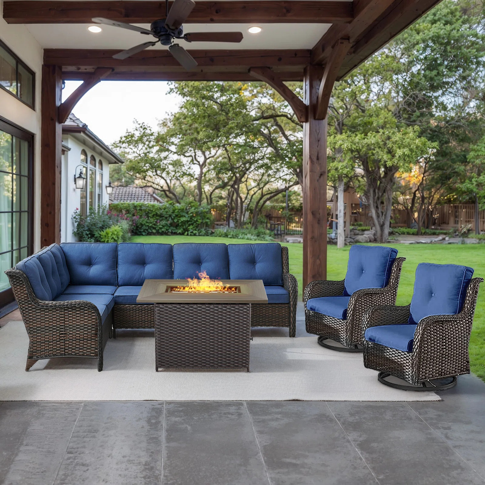 Dahlyla 8- Person Outdoor PE Wicker Sectional Seating Group with Fire Pit Table and Cushions | Wayfair North America