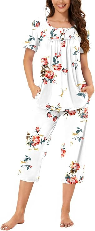Bestbee Womens Pajama Sets 2 Piece Summer Sleepwear Ladies Pjs Henley Neck Short Sleeve Capri Pan... | Amazon (US)