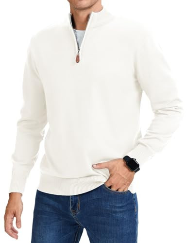 iWoo Mens Quarter Zip Pullover Sweaters Slim Fit Long Sleeve Knitted Polo Sweater with Zipper White Small | Amazon (US)
