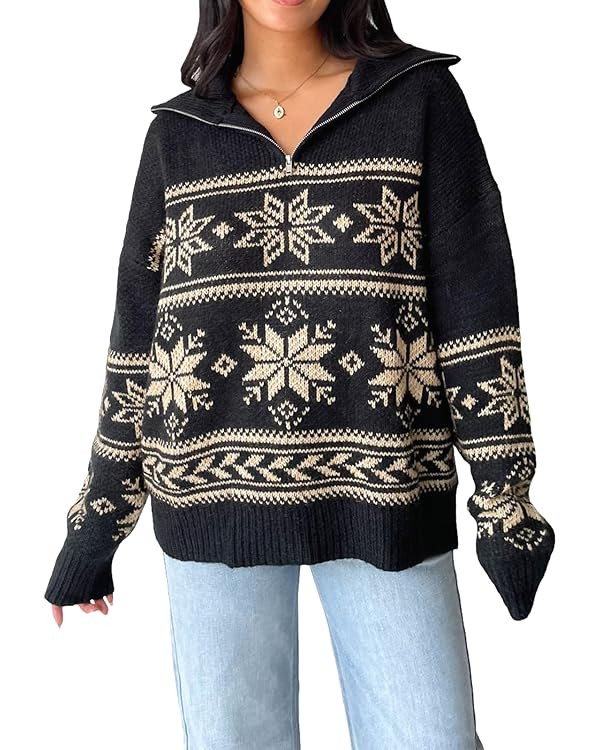 Women Vintage Knit Sweater Long Sleeve Turn-Down Collar Snow Embroidery Zipper Pullover Sweaters ... | Amazon (US)