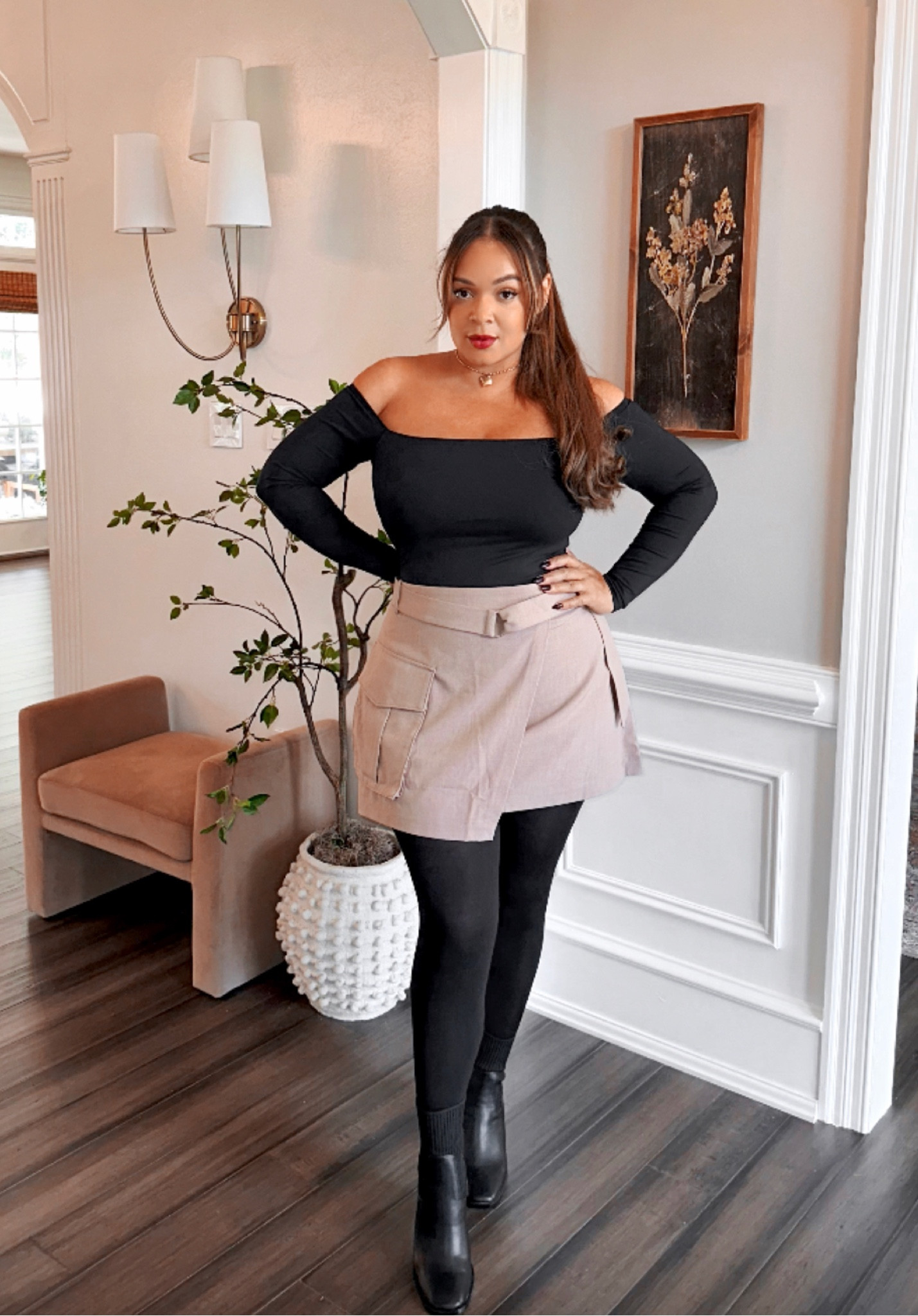 The perfect all black fall look 

Capsule wardrobe// black ankle boots // faux leather pleated mini skirt // off shoulder bodysuit // black opaque tights // leggings // skort// midsize// midsize fashion 

#LTKmidsize #LTKshoecrush #LTKstyletip