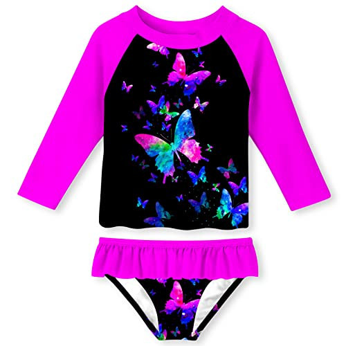 UNIFACO Girls Bathing Suits Two Piece Swimsuit Butterfly Printed Long Sleeve Rash Guard Set Summer Beach Tankini Swimwear 7-8 Years | Amazon (US)