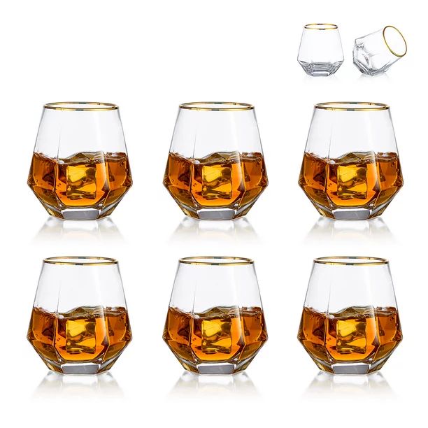 Nuptio 10oz Diamond Whiskey Glasses Gifts for Men Set of 6 Gold Rim for Father's Day Gift | Walmart (US)