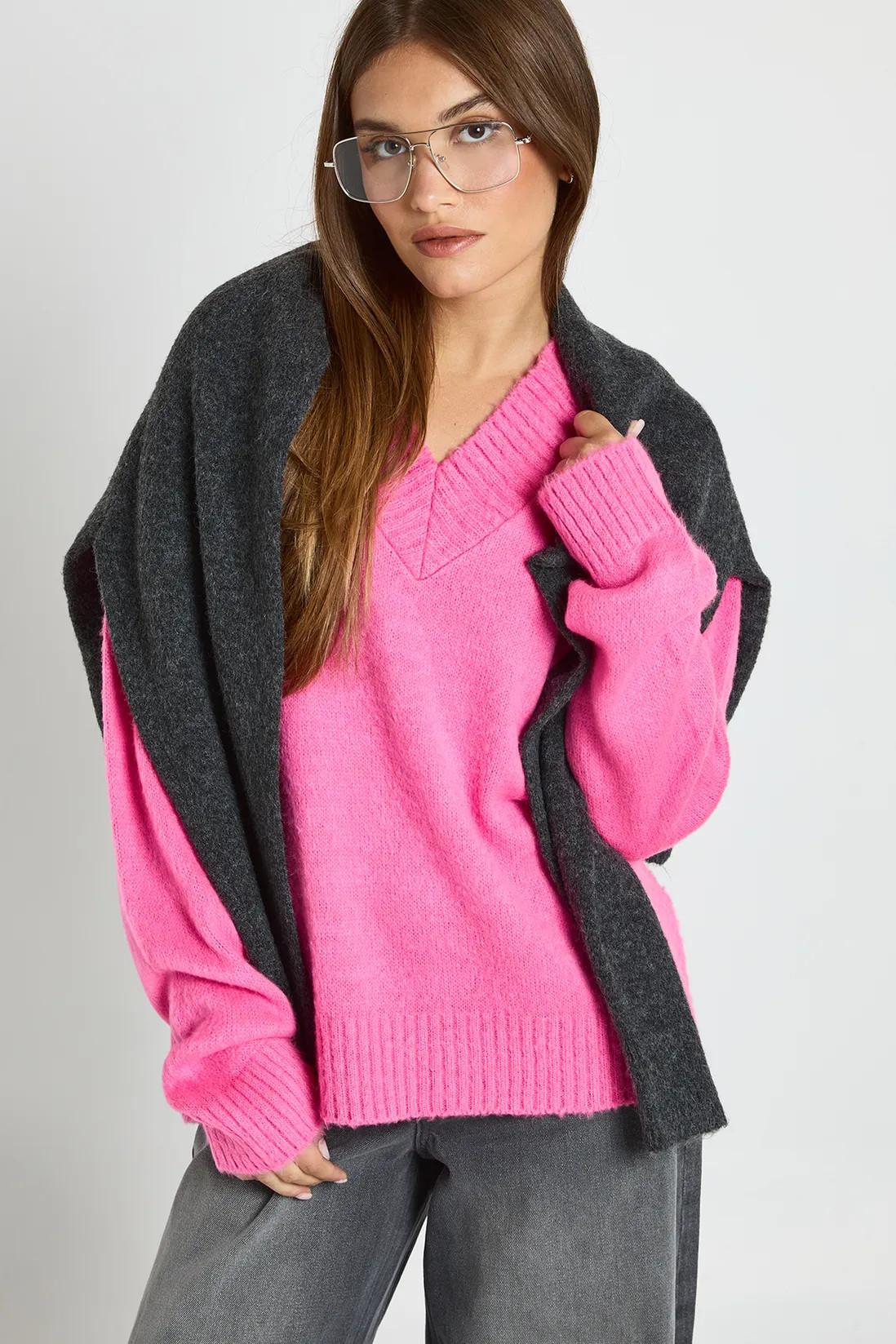 Brushed Knit V Neck Jumper | boohoo (US & Canada)